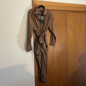 Do be silk midi button up dress brown